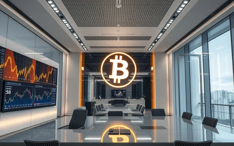 A Japanese AI firm's building facade with a large Bitcoin logo, symbolizing their historic $356M corporate Bitcoin investment.