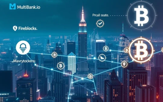 A visual representation of MultiBank.io's $10B real estate tokenization platform, highlighting secure blockchain integration and fractional ownership opportunities.