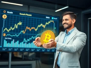 A business executive oversees a digital chart showing a significant Bitcoin allocation, representing Refine Group AB's strategic corporate crypto adoption.