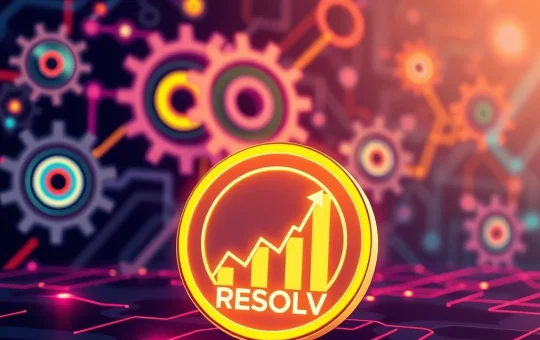 Digital gears representing Resolv Protocol's new fee-switch mechanism, with a rising RESOLV token chart symbolizing its recent surge.