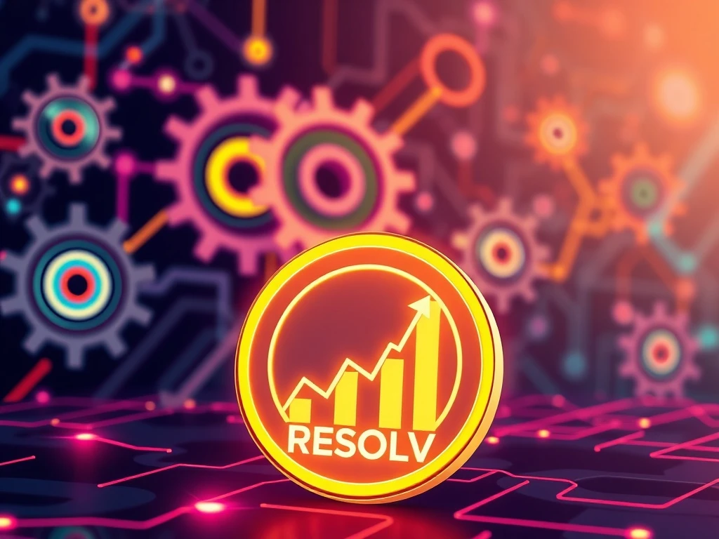 Digital gears representing Resolv Protocol's new fee-switch mechanism, with a rising RESOLV token chart symbolizing its recent surge.
