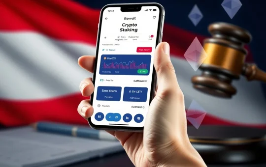 Revolut crypto staking interface on a smartphone, symbolizing its crucial return in Hungary.