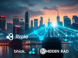 An innovative bridge symbolizing the connection between traditional finance and the crypto market, powered by Ripple's Hidden Road acquisition, driving institutional Bitcoin News Today.