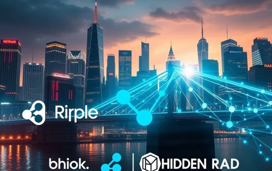 An innovative bridge symbolizing the connection between traditional finance and the crypto market, powered by Ripple's Hidden Road acquisition, driving institutional Bitcoin News Today.