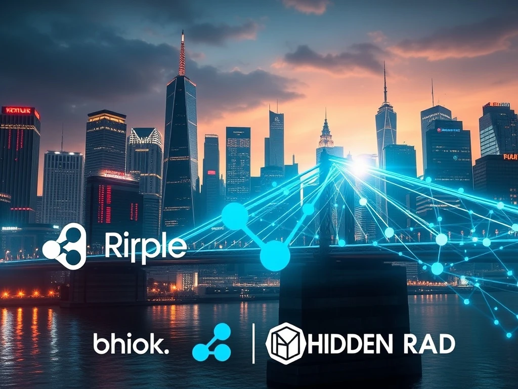 An innovative bridge symbolizing the connection between traditional finance and the crypto market, powered by Ripple's Hidden Road acquisition, driving institutional Bitcoin News Today.