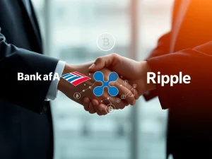 Bank of America and Ripple logos intertwined, symbolizing the potential integration of Ripple RLUSD stablecoin into traditional finance, highlighting a monumental shift in digital assets.