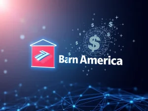 Bank of America and Ripple logos with digital dollar symbols, representing a secure stablecoin integration.