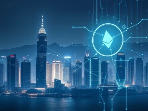 Ruihe Data's strategic HK$80 million crypto investment symbolized by digital currency flowing into a futuristic Hong Kong skyline, representing Web3 adoption.