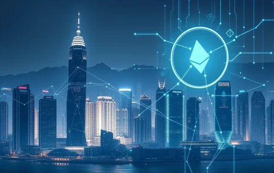 Ruihe Data's strategic HK$80 million crypto investment symbolized by digital currency flowing into a futuristic Hong Kong skyline, representing Web3 adoption.