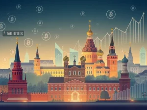A digital illustration representing Russia's Central Bank and financial markets, symbolizing the upcoming availability of crypto mutual funds for qualified investors.