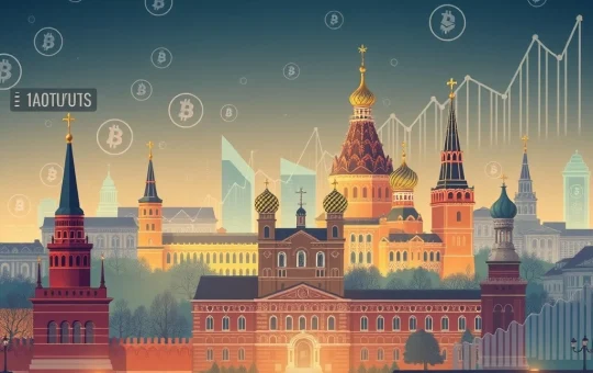A digital illustration representing Russia's Central Bank and financial markets, symbolizing the upcoming availability of crypto mutual funds for qualified investors.