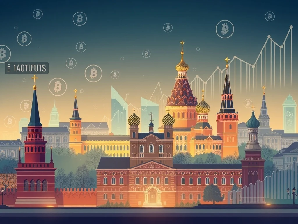 A digital illustration representing Russia's Central Bank and financial markets, symbolizing the upcoming availability of crypto mutual funds for qualified investors.