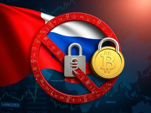 A symbolic representation of Russia's new crypto regulations, highlighting state control over digital assets and the Digital Ruble.