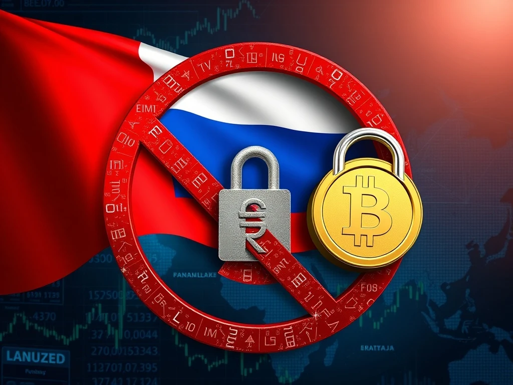 A symbolic representation of Russia's new crypto regulations, highlighting state control over digital assets and the Digital Ruble.