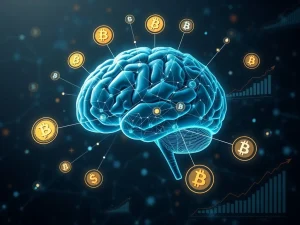A digital representation of Ruvi AI's growth, showing a brain-like network integrated with cryptocurrency charts, symbolizing its AI and blockchain utility.