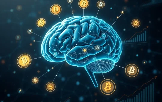 A digital representation of Ruvi AI's growth, showing a brain-like network integrated with cryptocurrency charts, symbolizing its AI and blockchain utility.