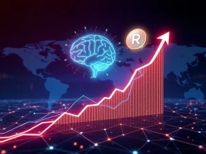 A digital representation of Ruvi AI's audited token surging dramatically on a crypto chart after its CoinMarketCap listing, symbolizing its potential as a 100x gem.