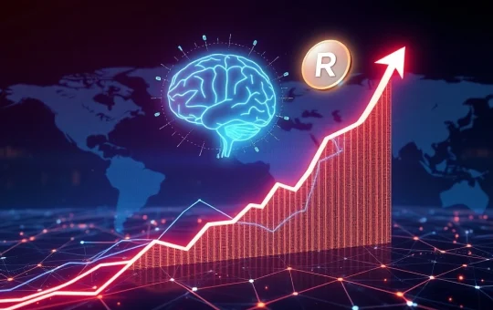 A digital representation of Ruvi AI's audited token surging dramatically on a crypto chart after its CoinMarketCap listing, symbolizing its potential as a 100x gem.