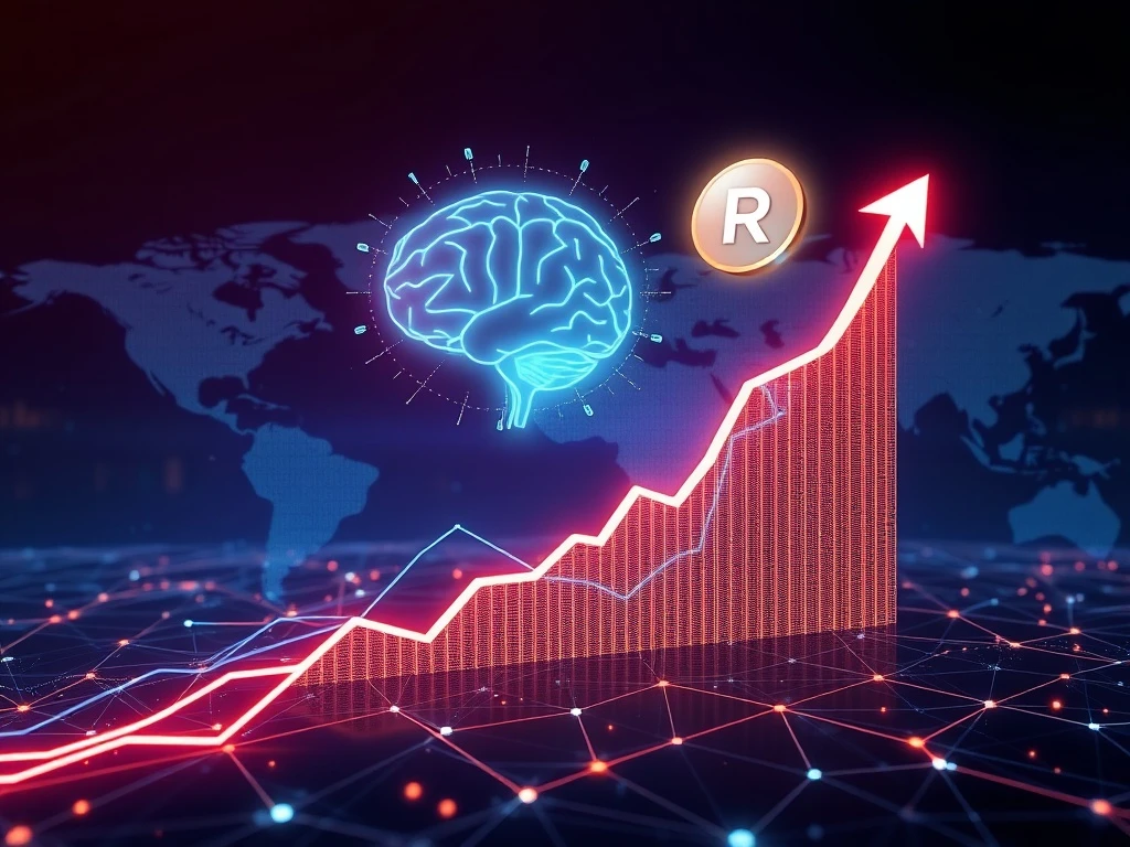 A digital representation of Ruvi AI's audited token surging dramatically on a crypto chart after its CoinMarketCap listing, symbolizing its potential as a 100x gem.