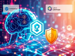 Visualizing Ruvi AI's rapid presale growth and its strategic partnerships with CoinMarketCap and CyberScope, signifying security and market presence.