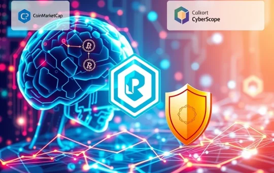 Visualizing Ruvi AI's rapid presale growth and its strategic partnerships with CoinMarketCap and CyberScope, signifying security and market presence.