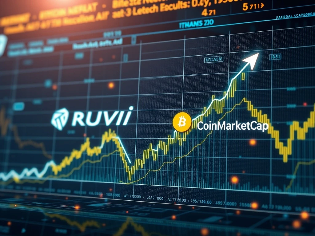 A digital graph showing the impressive growth of Ruvi AI crypto on a screen, symbolizing its strong presale and CoinMarketCap listing impact.