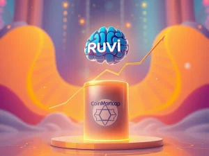 Ruvi AI's impressive growth, symbolizing its potential to surpass Solana due to a CoinMarketCap partnership.