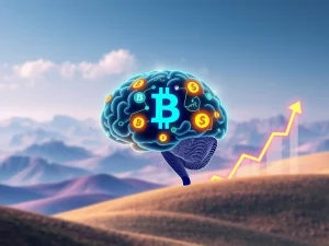 A futuristic AI brain connected to blockchain symbols, representing the Ruvi AI token's innovative blend of AI and crypto, poised for growth.