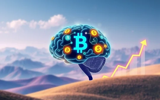 A futuristic AI brain connected to blockchain symbols, representing the Ruvi AI token's innovative blend of AI and crypto, poised for growth.