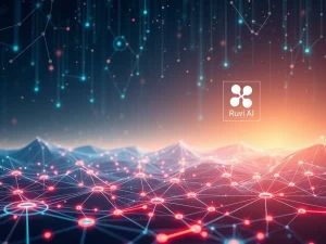 A futuristic digital landscape showing Ruvi AI's astonishing rise in the crypto market, drawing comparisons to XRP news.