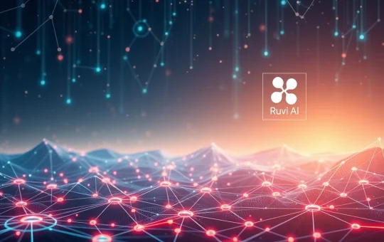 A futuristic digital landscape showing Ruvi AI's astonishing rise in the crypto market, drawing comparisons to XRP news.