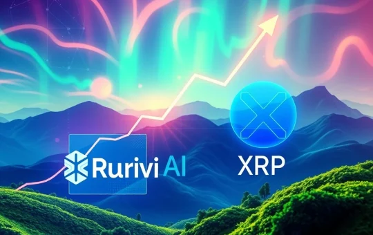 A dynamic chart illustrating Ruvi AI's explosive growth, clearly outperforming XRP, symbolizing significant crypto gains and a successful presale surge.