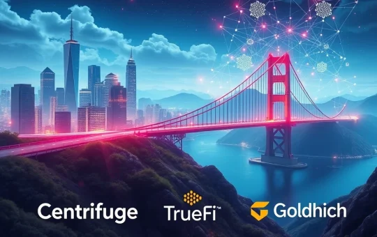 A visual representation of RWA tokenization bridging traditional finance and DeFi, with symbols for Centrifuge, TrueFi, and Goldfinch.