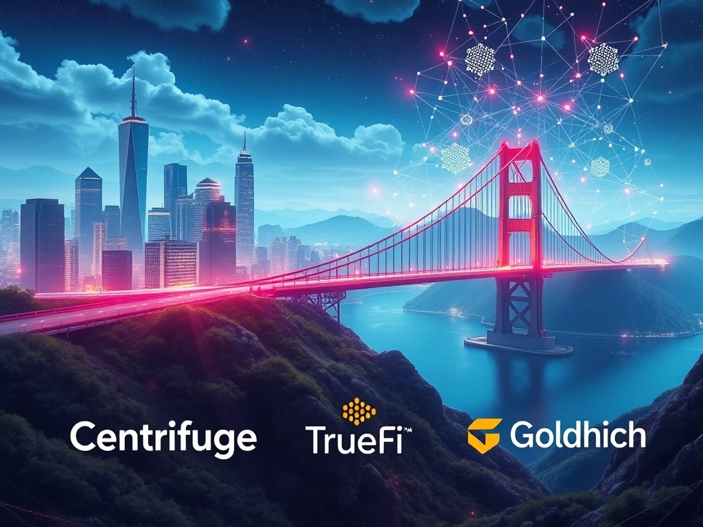 A visual representation of RWA tokenization bridging traditional finance and DeFi, with symbols for Centrifuge, TrueFi, and Goldfinch.