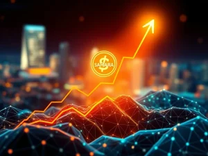 SAHARA crypto price surge depicted by upward trending graphs and digital currency symbols, highlighting rapid altcoin growth.