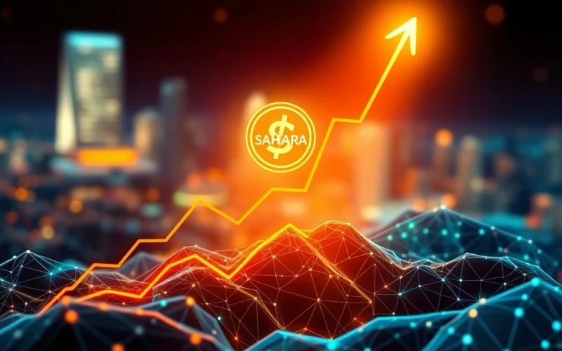 SAHARA crypto price surge depicted by upward trending graphs and digital currency symbols, highlighting rapid altcoin growth.