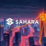 Visualizing SAHARA crypto's explosive growth and institutional adoption, with upward trends and global connections.