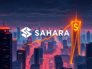 Visualizing SAHARA crypto's explosive growth and institutional adoption, with upward trends and global connections.