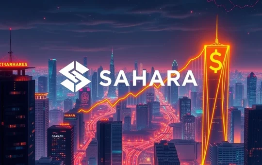 Visualizing SAHARA crypto's explosive growth and institutional adoption, with upward trends and global connections.