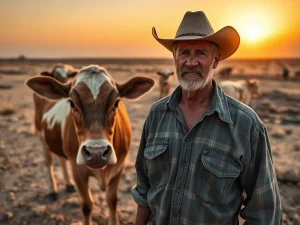 A concerned farmer tending to livestock affected by the New World Screwworm crisis, highlighting the urgent need for intervention.