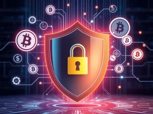 A digital shield protecting various cryptocurrency symbols, representing crucial self-custody crypto security and digital asset protection.