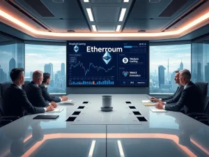 A futuristic boardroom scene where executives discuss digital assets, with Ethereum logos and charts, symbolizing SharpLink Gaming's strategic shift towards Web3 and institutional crypto.