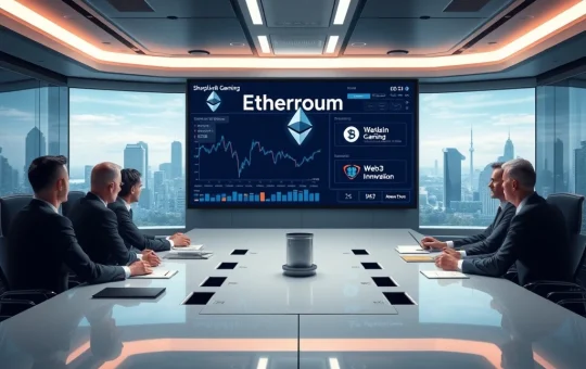 A futuristic boardroom scene where executives discuss digital assets, with Ethereum logos and charts, symbolizing SharpLink Gaming's strategic shift towards Web3 and institutional crypto.