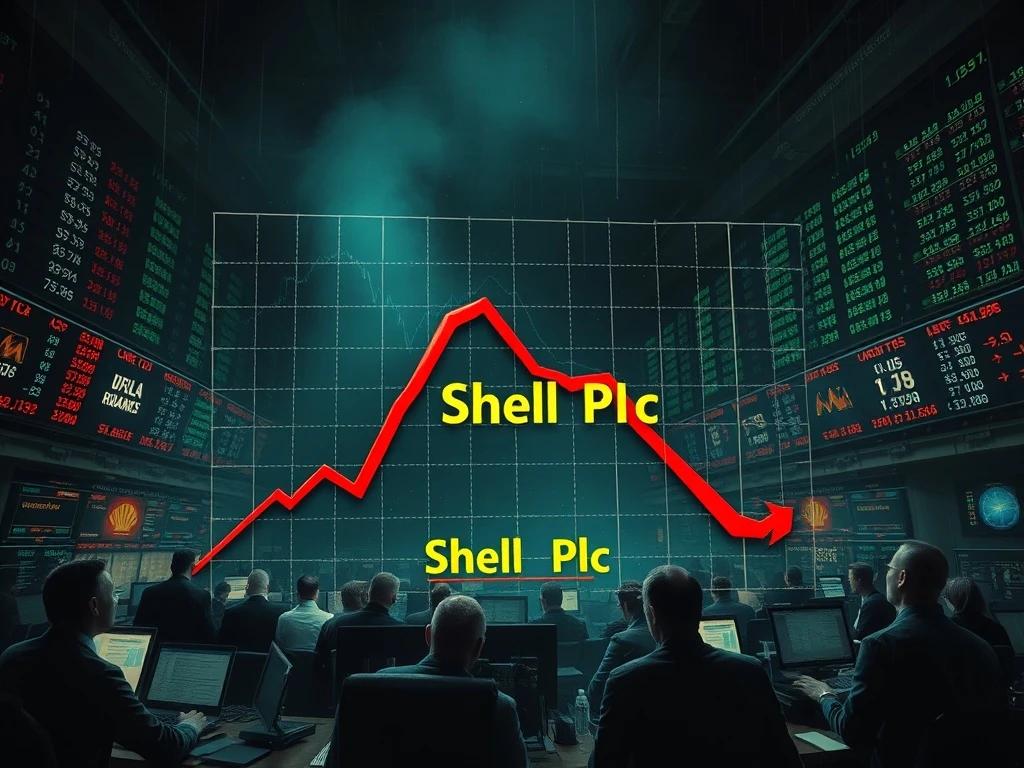 Shell stock market crash with a steep red downward arrow on a financial graph