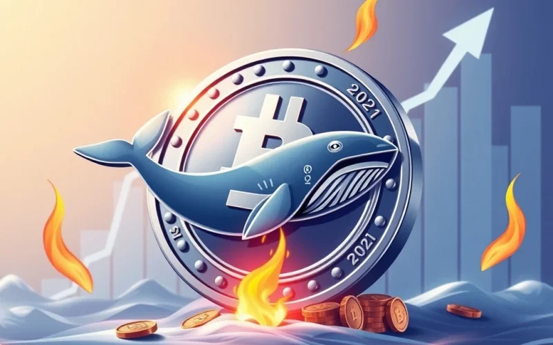 SHIB token with rising graph and whale activity symbolizing the 2021 surge