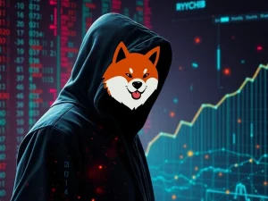Shiba Inu logo with a fading, mysterious figure representing Ryoshi, symbolizing the project's journey to full decentralization.