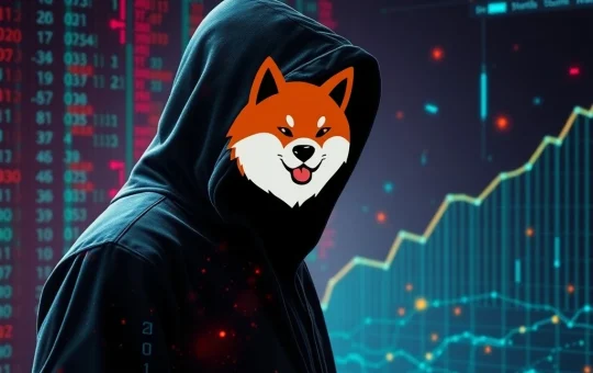 Shiba Inu logo with a fading, mysterious figure representing Ryoshi, symbolizing the project's journey to full decentralization.