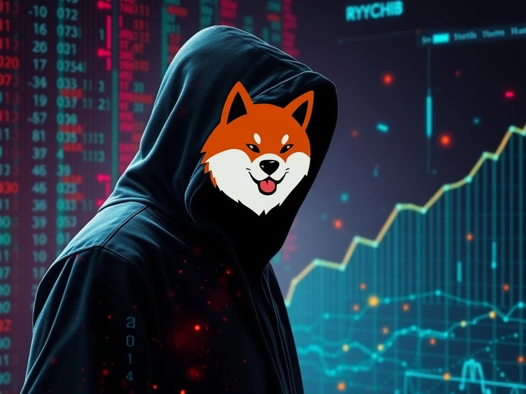 Shiba Inu logo with a fading, mysterious figure representing Ryoshi, symbolizing the project's journey to full decentralization.