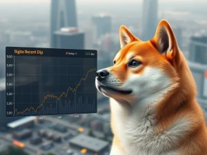 A Shiba Inu dog contemplating a crypto chart, illustrating the recent SHIB price drop and potential for recovery.