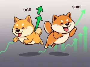 Shiba Inu and Dogecoin racing upwards on a crypto chart, symbolizing SHIB's potential 6,000% gain and the intense meme coin rivalry, highlighting the Shiba Inu price prediction.